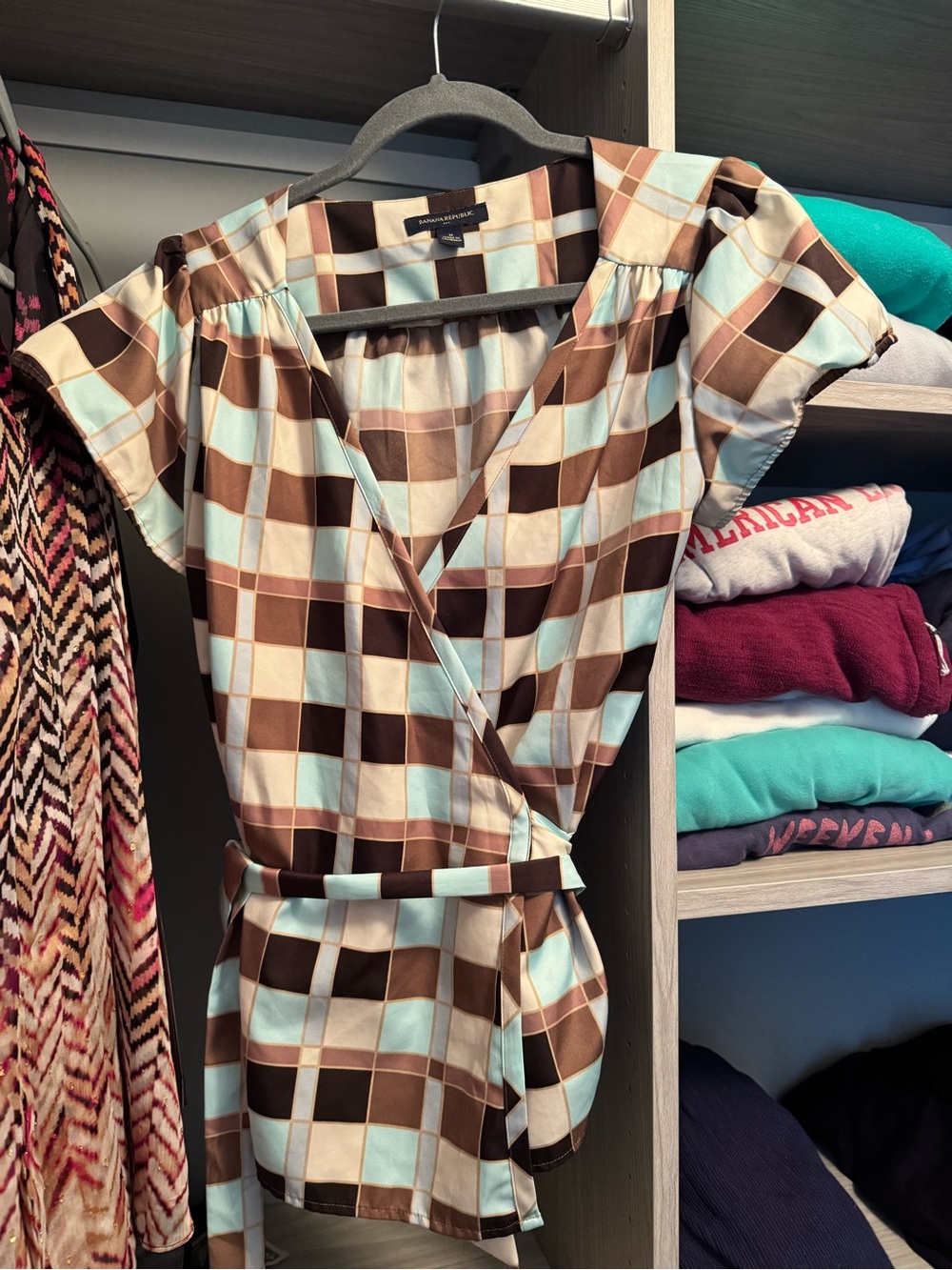 Banana Republic Brown and Light Blue Plaid Wrap Top